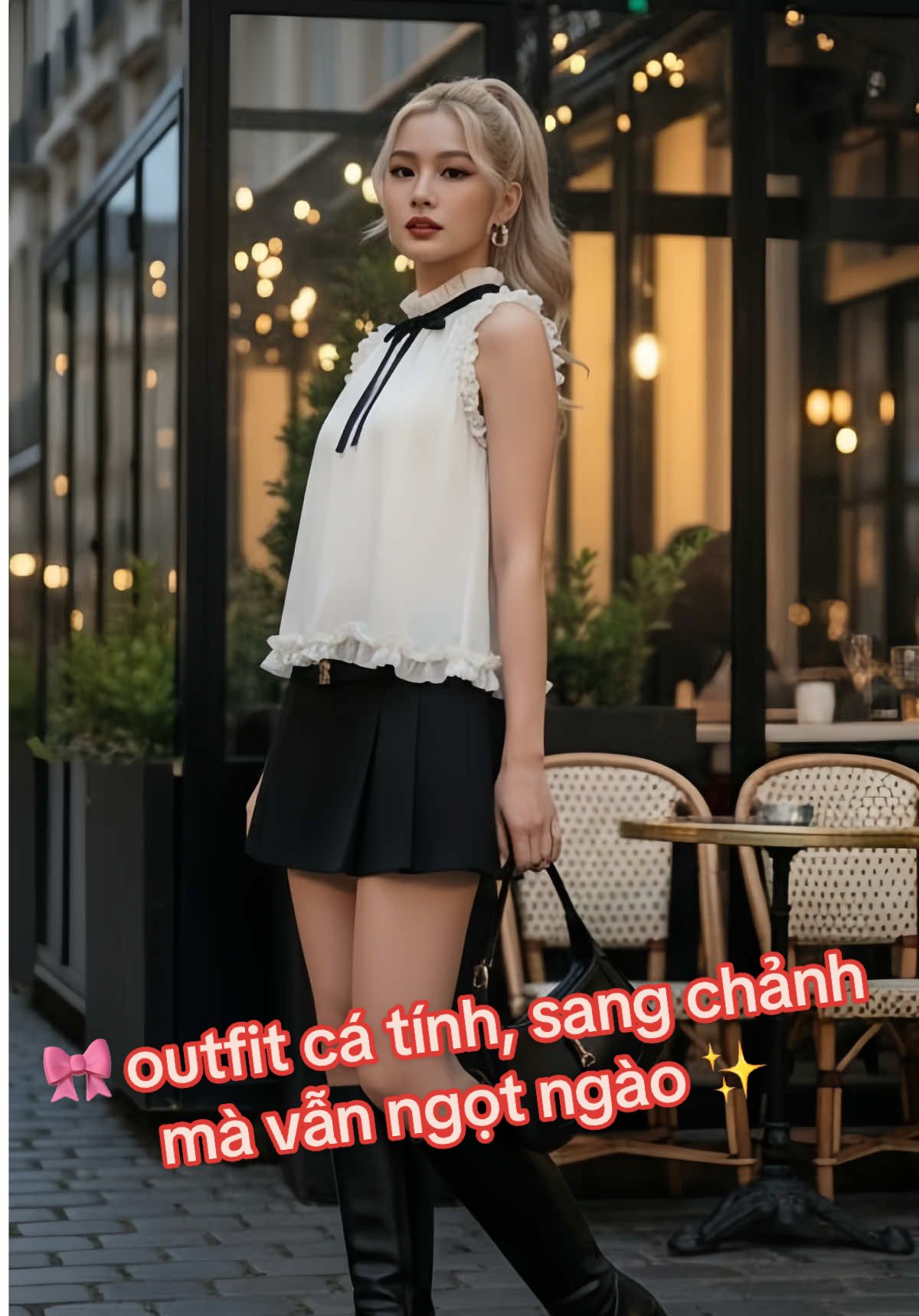 👉🎀 Outfit Áo blouse cổ nơ mix chân váy xếp ly + boots cao gối, combo sang xịn ✨.                         ⭐Minime style: thanh lịch – cuốn hút – hack dáng cực đỉnh.                    #thoitrangnuhottrend #setxinh #xuhuongthoitrang #outfitbasic #minimecloset