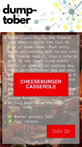 You can screen shot the Cheeseburger Casserole recipe in the video. Welcome to Day 30 of dumptober. I've planned out a whole month worth of easy dump meals for you. And if you have a pepper pantry, you can use pressure canned meat, vegetables or other shelf stable ingredients in these easy recipes.