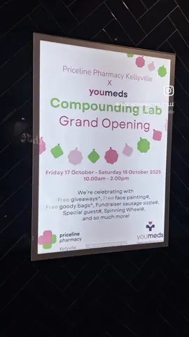 🎉Come say hello!!   Don’t miss our day of family fun and celebration – on again tomorrow at Priceline Pharmacy Kellyville! 💗 📅 Saturday 18 October 🕙 10am – 2pm Enjoy FREE: Refreshments, face painting & goody bags!    We’re also running Spin & Win plus a Sisterhood Foundation fundraiser sausage sizzle! Feature activity:   We’re celebrating the grand opening of our new, dedicated on-site compounding lab. Come meet our special guest, Compounding Pharmacist Meryll Layug. Meryll will be running a community education Q&A stand about compounding medications.   Youmeds compounded medications are ‘medicines made for you’!    #KellyvillePharmacy #GrandOpening #CompoundingPharmacy #CommunityCare #PricelinePharmacy  