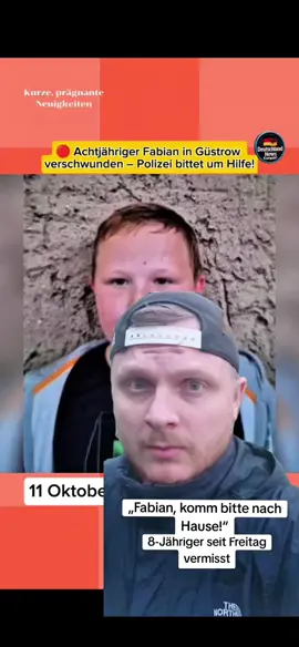 Güstrow (Mecklenburg-Vorpommern) – Tränen, Hoffnung, Angst – seit Tagen fragt sich Dorina L. verzweifelt: Wo ist mein Kind? Der achtjährige Fabian aus Güstrow ist am Freitag verschwunden. Ein Albtraum für die Mutter! Unter Tränen wendet sich Dorina L. jetzt in einem Video an ihren: „Fabian, komm bitte nach Hause zu Mama! Mama möchte nur, dass du nach Hause kommst. Mama möchte dich wieder in den Arm nehmen und mit dir kuscheln. Bitte komm nach Hause, dir ist keiner böse. Komm einfach nach Hause ...“ Nach 18 Sekunden muss die Mutter die Aufnahme abbrechen. Sie hat keine Kraft mehr, eine Freundin ist an ihrer Seite, spendet ihr Trost. 