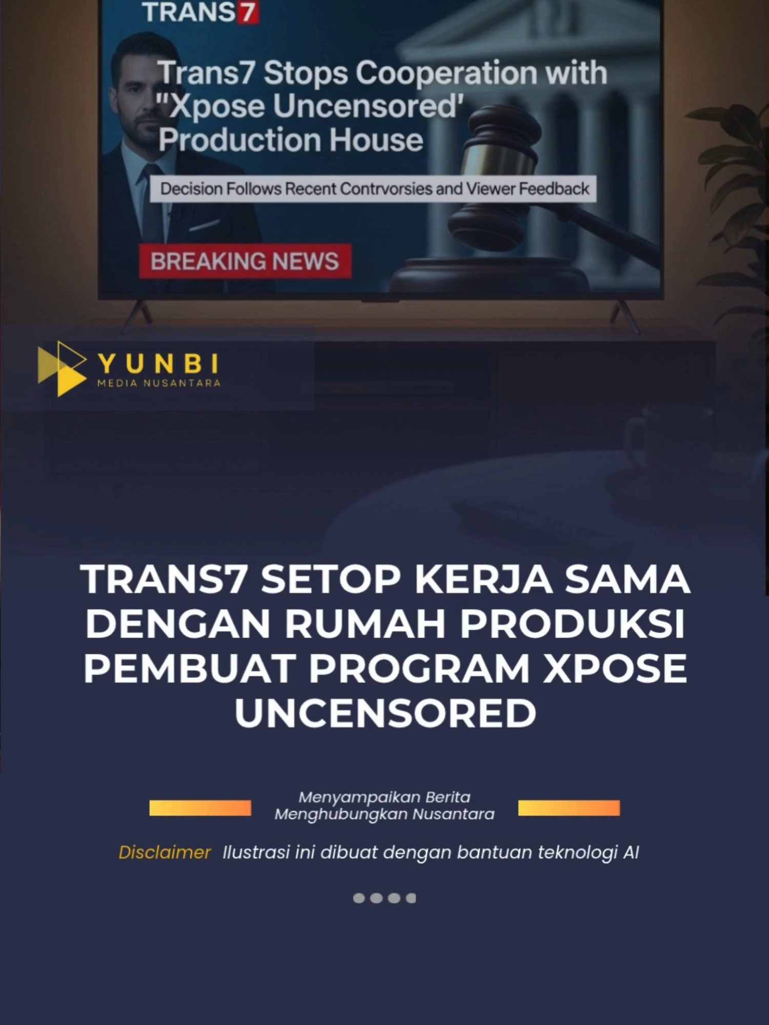 Trans7 Setop Kerja Sama dengan Rumah Produksi Pembuat Program Xpose Uncensored ⚖️📺 Trans7 memutuskan kerja sama dengan rumah produksi Sandhika yang membuat program Xpose Uncensored dan menghentikan tayangan program tersebut secara permanen setelah menuai kecaman dari santri, kiai, dan pengasuh pondok pesantren. Keputusan ini diambil setelah KPI menjatuhkan sanksi penghentian sementara program karena dianggap melanggar pedoman perilaku penyiaran dan standar program siaran. Trans7 juga menyampaikan permohonan maaf kepada semua pihak yang merasa tersinggung. #Trans7 #XposeUncensored #KPI #Sanksi #Penyiaran #Pesantren #yunbimedianusantara