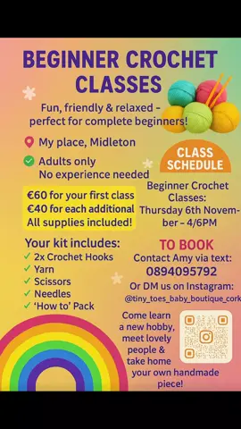 want to learn to crochet and meet new people ? check out my beginner crochet classes next class starting November 6th 4/6pm  after just 3 classes the last group are now making toys and cardigans and are absolutely flying in their crochet journey and are now onto intermediate classes. #crochetbusiness #crochetclass@myplacemidleton