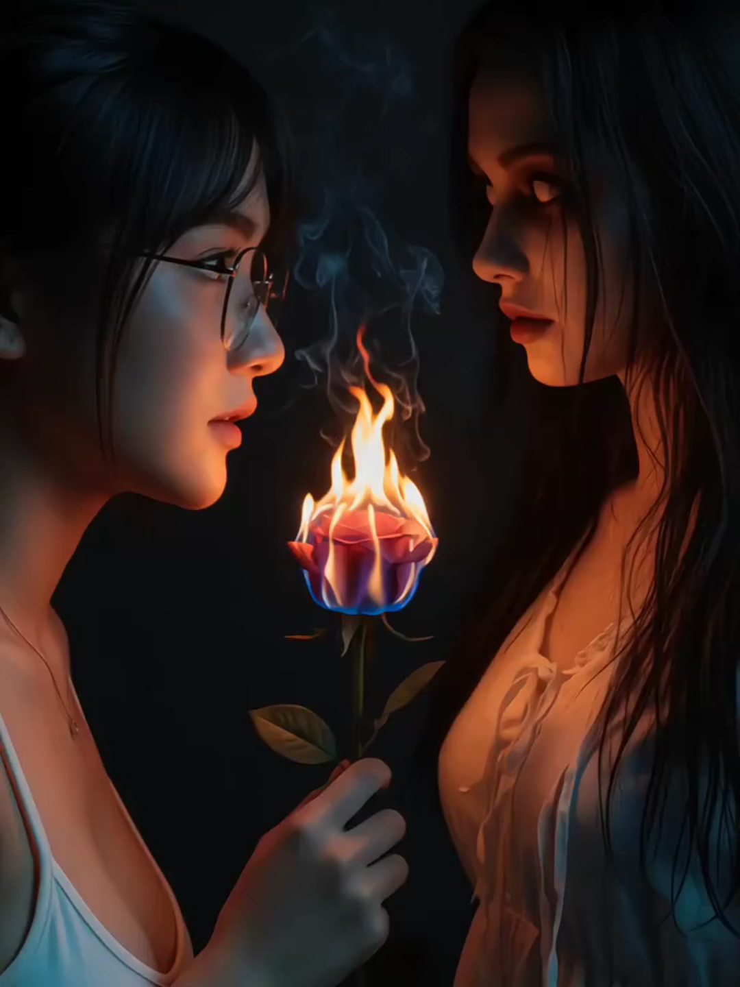 Prompt  Potret editorial 8K yang sangat realistis - potret gothic surealis saya (berdasarkan foto referensi yang diunggah), dengan pelestarian fitur wajah dan rambut saya. Potret horor sinematik: orang dalam gambar diputar dalam profil, memegang setangkai mawar yang menyala di dekat wajah mereka; nyala api memancarkan cahaya oranye-biru yang dramatis pada kulit yang dibasahi keringat. Asap mengepul dari nyala api korek api. Ekspresi mereka tegang dan ketakutan, mata menatap lurus ke depan. Di seberang wajah orang itu, sangat dekat, adalah wajah seorang wanita berwajah pucat menyeramkan dengan mata hitam pekat dan ekspresi datar menakutkan, mengenakan gaun putih lusuh, rambut hitam panjang tergerai yang menakutkan, juga berbalik profil dan bertatapan dengan orang itu, setengah tersembunyi dalam bayang-bayang. Wanita itu sebagian diterangi oleh cahaya oranye korek api. Komposisi sinematik, kontras dramatis, suasana menakutkan, pencahayaan ultra-detail, resolusi 8K #promptai #geminiaipro #masukberandafyp