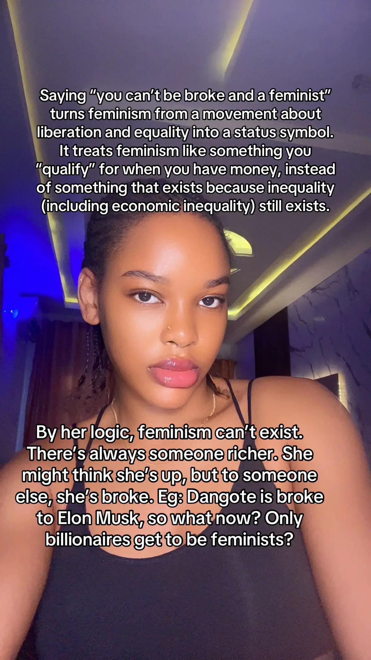 Historically, many of the most powerful feminist voices were women who had nothing; factory workers, single mothers, women in colonized societies, students, domestic workers. To say they couldn’t be feminists because they were broke is to erase the very foundation of feminist struggle. Feminism isn’t about who can afford freedom, it’s about ensuring every woman has it. The irony is that the same system that keeps women broke is the one feminism fights to dismantle. #adeife #feminism 