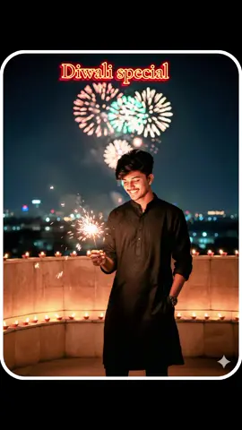 Diwali special...... prompt 👉Ultra realistic 4K cinematic portrait of the same young man, face exactly like the reference photo. He is standing on a terrace at Diwali night, wearing a black kurta. One hand holds a lit phooljhadi and he looks at it happily, the other hand in pajama pocket. Background shows night sky with fireworks and a terrace wall decorated with glowing diyas. Natural, festive, and highly realistic.#ai#Diwali #editdaud #editor_king_11 #📸editorking🖌️📱 