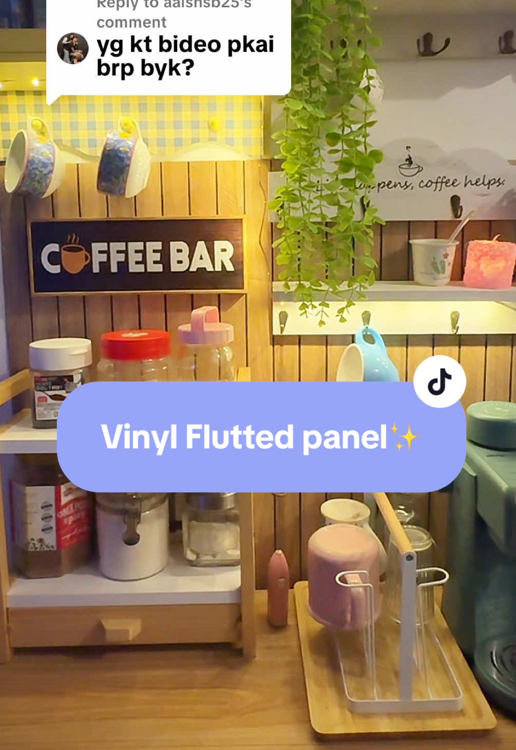 Replying to @aalshsb25 Saya guna 1.4m je wallpaper fluted ni! Jimat tapi nampak macam makeover besar 😍 #flutedwallpanel #fluttedpanel#woodwallpaper #coffeecorner #dekorasirumah 