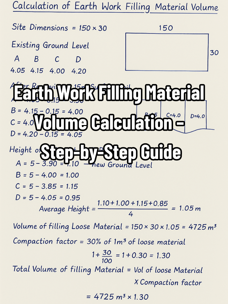 🎯 Earth Work Filling Material Volume – Full Calculation Explained! 🎯 Learn how to calculate earth filling volume step by step like a pro engineer 👷‍♂️ 📏 Site: 150m × 30m 🌍 Existing Levels: A=4.05 | B=4.15 | C=4.00 | D=4.20 🪓 After Removing 0.15m Soil: A=3.90 | B=4.00 | C=3.85 | D=4.05 📐 Formation Level: 5.0m 🧮 Filling Height: A=1.10m | B=1.00m | C=1.15m | D=0.95m Average Height = 1.05m 📦 Loose Material Volume: 150×30×1.05 = 4725 m³ 🔹 Compaction (30%) → 1.30 🔹 Total Volume Needed: 4725×1.30 = 6142.5 m³ 💡 Smart Calculation = Accurate Earthwork ✅ 👷‍♂️ By Eng. Furqan 🔗 https://heylink.me/Engfurqan/ #CivilEngineer #Surveying #Earthwork #Construction #EngineeringLife 