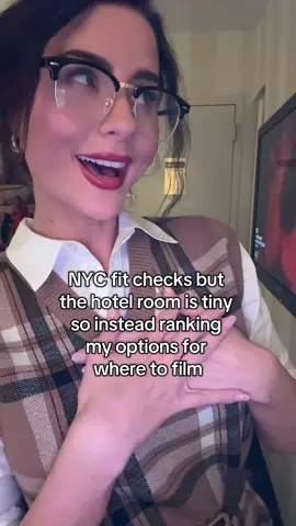 You don’t have a lot of options with only 190 square feet 🫠 we had to stay in a much smaller hotel room for one night because our flight home got cancelled. Not much room for filming in here 😂 #nyc #fitcheck #hotelroom #rank #uptowngirl 
