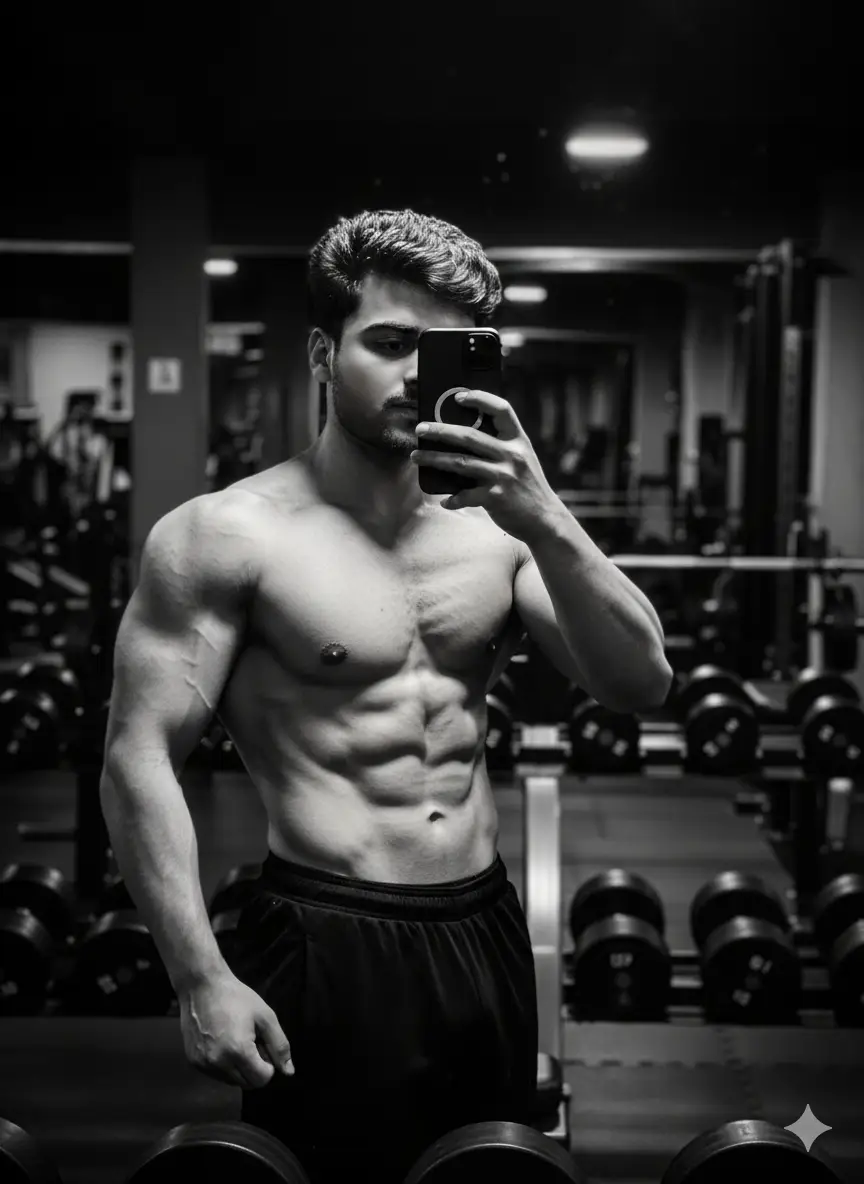 prompt: highly muscular young man (from uploaded image) with exceptional physique and visible abs, bare-chested, taking a gym selfie with his face obscured by a smartphone Wearing black athletic pants and a wristband. Dark, dimly lit gym background with blurred equipment Fitness photography, dark and moody, T high contrast, dramatic lighting. monochrome. #AI #gemini #promptcreater #foryoupage 