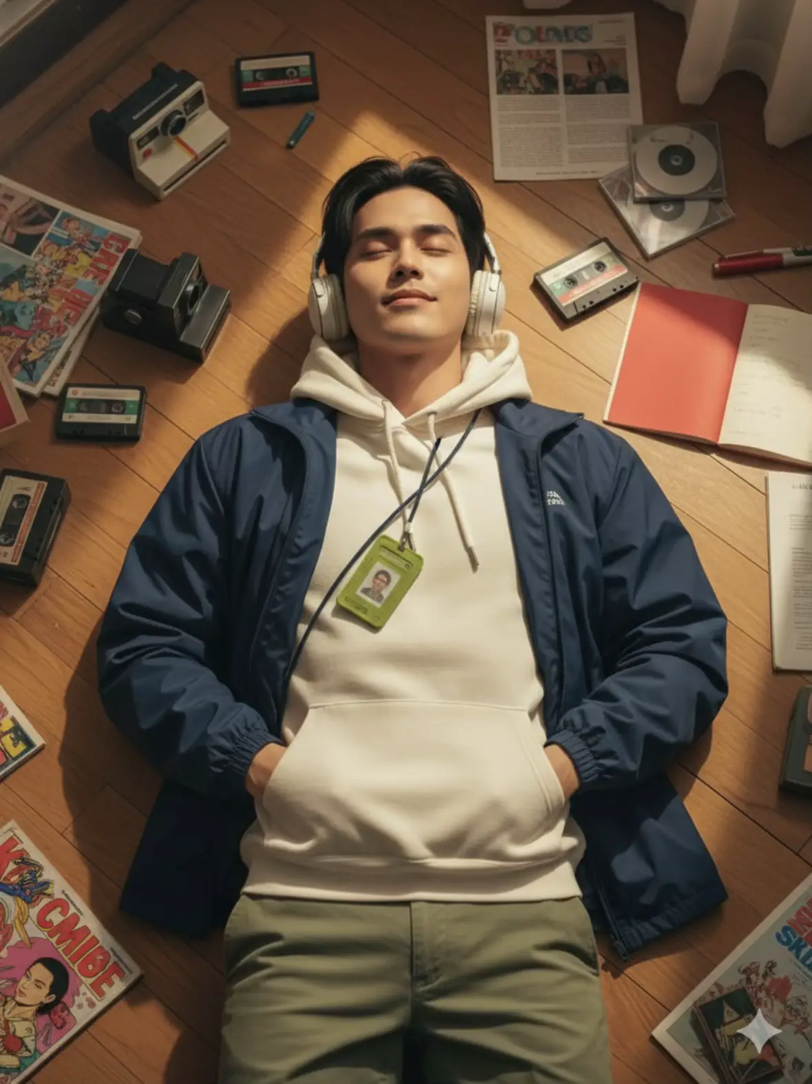 Prompt : Buatkan foto menangkap sebuah momen yang sangat tenang, personal, dan penuh nostalgia. Pria yang Bersantai Di tengah foto, seorang pria berbaring telentang dengan santai di atas lantai kayu. Wajahnya adalah titik fokus utama. Matanya terpejam, dan ada sedikit senyum tipis di bibirnya, memberikan ekspresi ketenangan dan kepuasan total. Pakaian: Ia mengenakan hoodie berwarna putih gading atau krem yang sedikit longgar. Di atas hoodie tersebut, ia memakai jaket luar (windbreaker) berwarna biru tua atau navy. Tangannya dimasukkan ke dalam saku depan hoodie-nya, sebuah pose yang menambah kesan rileks. Ia juga mengenakan celana berwarna terang hijau zaitun pudar. Aksesori: Di telinganya terpasang headphone over-ear besar berwarna putih dengan desain yang agak retro, menandakan bahwa ia sedang tenggelam dalam musik. Melintang di dadanya ada sebuah tali atau lanyard dengan kartu identitas atau aksesori kecil berwarna kuning kehijauan. Lingkungan dan Objek di Sekitar Pria itu tidak berbaring di ruang kosong. Ia dikelilingi oleh berbagai macam barang yang tersebar secara acak namun artistik di lantai, seolah-olah ia sedang berada di tengah-tengah 