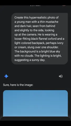 Create this hyperrealistic photo of a young man with a thin mustache and dark hair, seen from behind and slightly to the side, looking up at the camera. He is wearing a loose-fitting blue flannel oxford and a light-colored backpack, perhaps ivory or cream, slung over one shoulder. The background is a bright blue sky with no clouds. The lighting is bright, suggesting a sunny day. #fyp #gemini #trend 