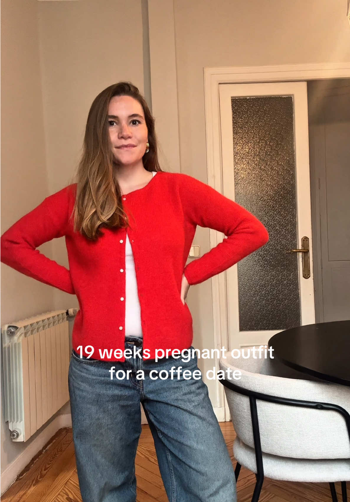 Loving red for fall❤️‍🔥 when are you due? This Sézane red cardigan is making bump style feel so easy at 19 weeks!  #SezaneCardigan #PregnancyStyle #FallOutfit #MaternityJeans #PregnancyJourney