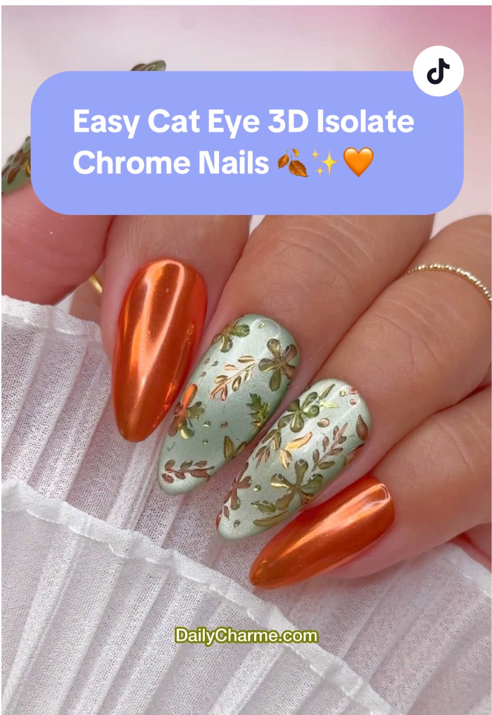 Easy Cat Eye 3D Isolate Chrome Nails 🍂✨🧡 Chrome, cat eye, and 3D magic all in one look — perfect for fall! 🍁  💅 Everything used for this look is from the brand Daily Charme & is listed below. All goodies are available now in our TikTok shop or via the 🔗 in bi0 💖 Save & share for autumn nail inspo!  Using @daily_charme:  🧡 Mirror Copper Chrome Powder 💛 Mirror Gold Chrome Powder  💚 Mirror Lime Chrome Powder 🌲 C97 Furrest  🧲 Strong Cat Eye Magnet Cylinder  🖌️ 01 Thin Liner Nail Art Brush 🎀 Pink Soft Silicone Nail Art Applicator  ✨ Chrome Effect Gel  💎 Diamond Shine Top Coat    #fallnails #chromenails #cateyenails #3Dnails #isolatedchrome         