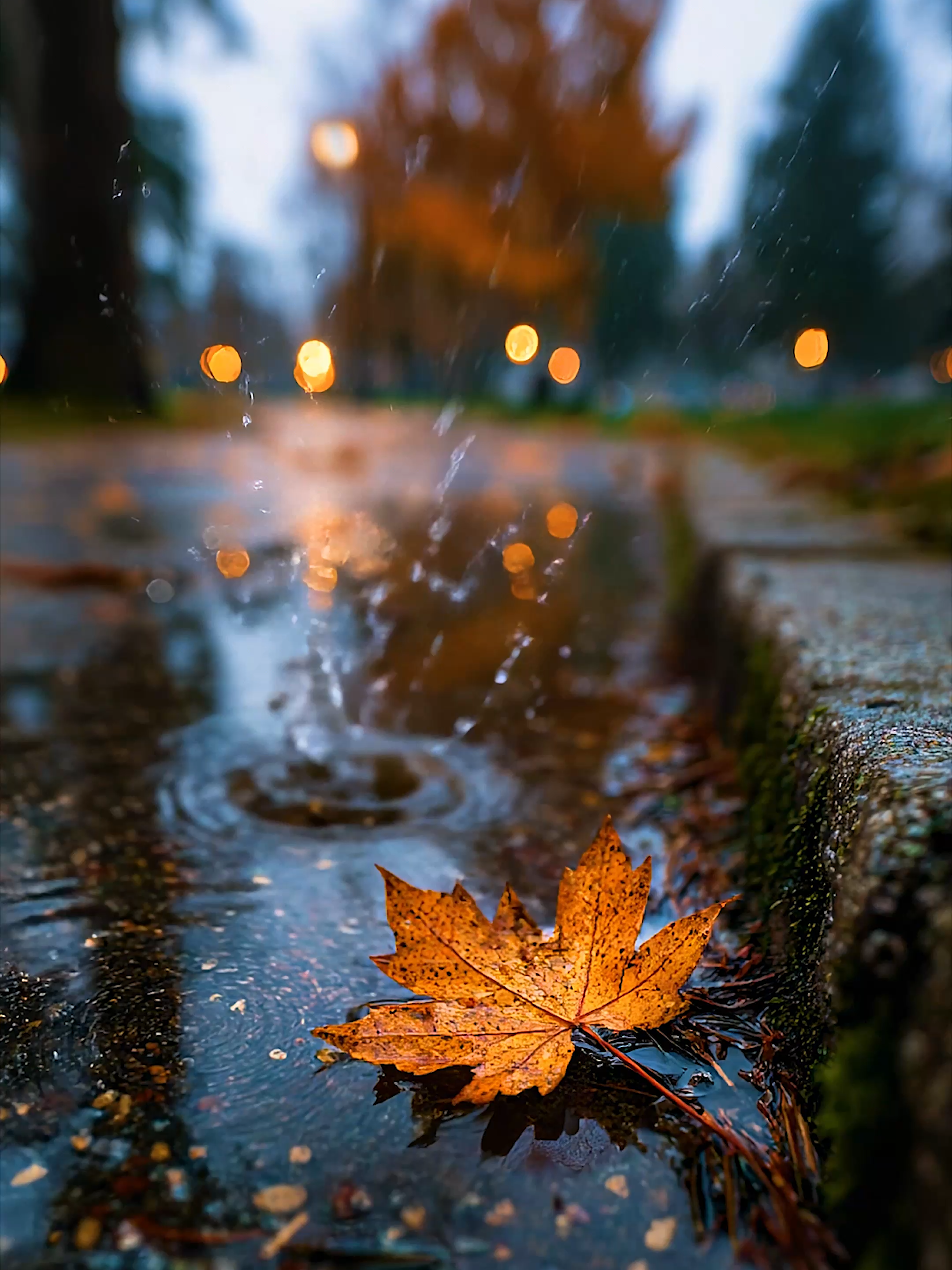 One leaf, soft rain, city bokeh—instant calm. ⠀ ⠀ ⠀ ⠀ Golden maple riding the curb stream—loopable fall vibes. #ambiancehometv #leafdrift #rainysounds #fallaesthetic #urbanfall #relaxingvideo