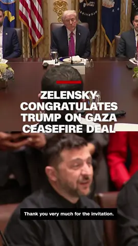 Ukrainian President Volodymyr Zelensky congratulated US President Donald Trump on securing a Gaza ceasefire deal at the opening of a working lunch at the White House, saying it could be the “momentum” to end the war in Ukraine. #cnn #news 