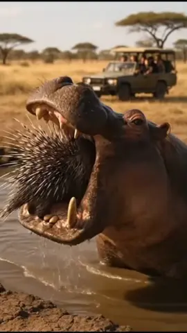 A hippo 🦛 tries to close its jaws, but a porcupine 🦔 #hippo #procupine #wildlife #foryoupage #fyp 