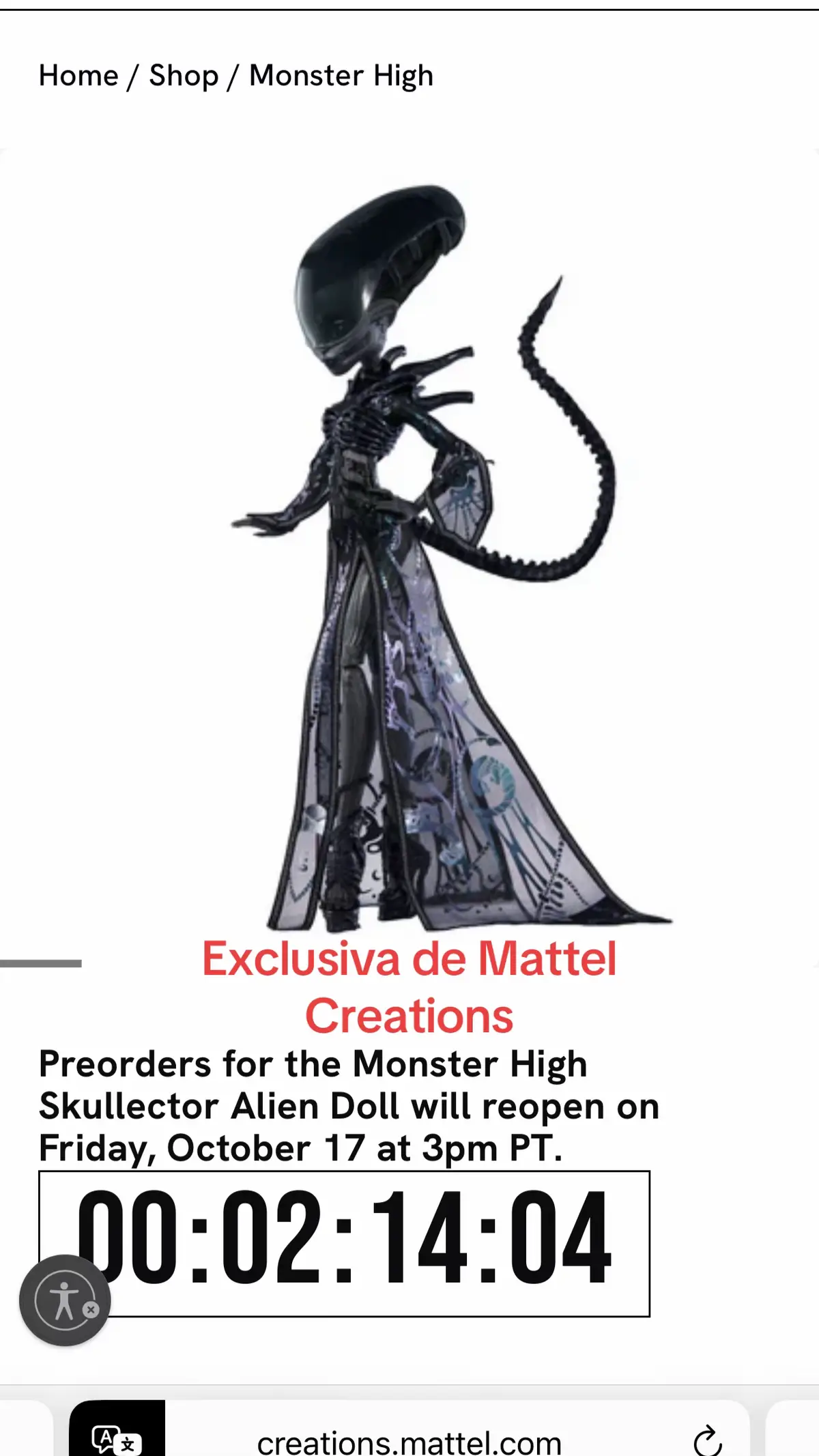 ⏳Última oportunidad para conseguir, quizá, la mejor Skullector hasta la fecha!! 👽  A las 00:00 hora española peninsular, en Mattel Creations. Envío en Junio de 2026…  Nosotros pudimos conseguir la nuestra ayer☺️ pero a los que no y hoy tampoco… mucha suerte!!! 🍀  #skullector #skullectordolls #coleccionista #mattel #monsterhigh 