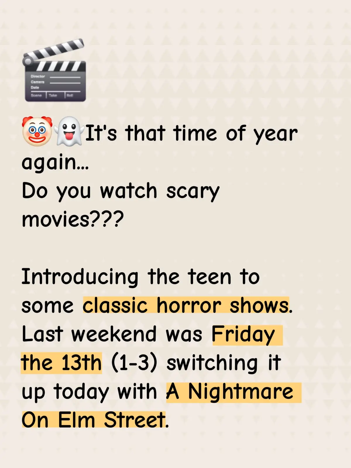 I love a good movie marathon. IMO The Nightmare On Elm Street is much better made than the Friday the 13th movies.  #minnesotagirl #horrormovies #scarymovies #nightmareonelmstreet #fridaythe13th 