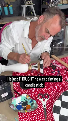 whimsical painting requires letting go of perfectionism. i’m LOVING watching Matt step into more of a freestyle paint. 🖤🤍❤️ #fyp #foryoupage #thrifting #whimsical #checksoverstripes 