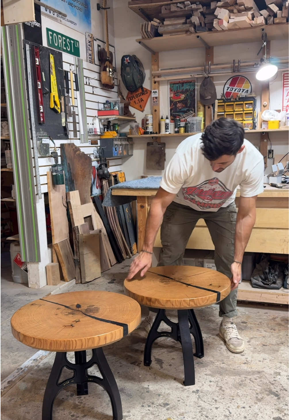 A matching set of circular end tables heading out to a client this week 👏 #woodworking #fyp #furniture 