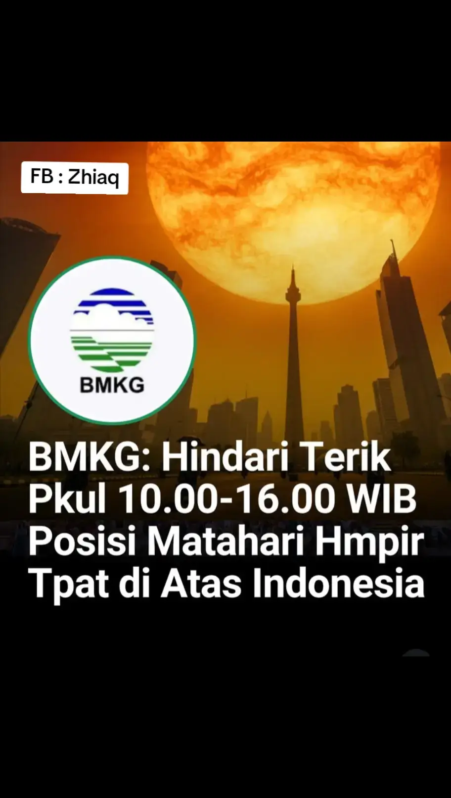 Cuaca Panas Ekstrem Melanda Indonesia ‼️ BMKG mencatat suhu udara di berbagai wilayah Indonesia kini mencapai hingga 37,6°C, dengan rata-rata harian sekitar 35°C. Gelombang panas ini diprediksi bertahan sampai awal November 2025. Fenomena ini terjadi karena posisi matahari sedang tepat di atas Indonesia, ditambah musim kemarau dan langit yang cerah — membuat sinar matahari langsung menyengat tanpa penghalang. Kota-kota seperti Jakarta, Bandung, Semarang, Yogyakarta, Surabaya, hingga Palembang jadi yang paling terdampak. BMKG mengimbau masyarakat untuk menghindari sinar matahari langsung antara pukul 10.00–16.00, memakai pelindung seperti topi, payung, kacamata hitam, serta menggunakan sunscreen dan banyak minum air agar tetap aman dan terhidrasi. #Cuaca  #viral  #indonesia🇮🇩 