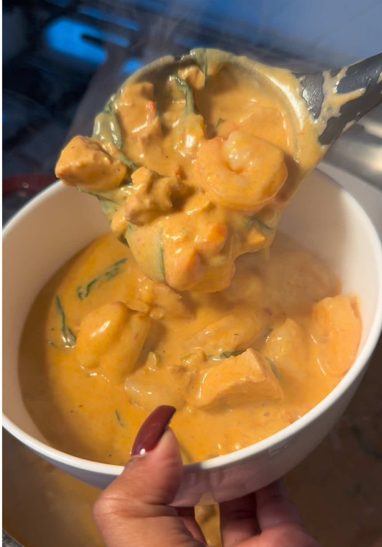 ✨E5 Fall soup series 🍂: Marry me chicken & shrimp gnocchi soup 🍤🐣🥣✨ Ingredients: Chicken breast Shrimp Gnocchi  Celery  Onion Carrot 3 tbsp butter 2 tbsp minced garlic 3 tbsp tomato paste 1/2 cup sun dried tomatoes 1/3 cup flour 2 cups chicken broth 2 cups heavy cream Garlic & herb Boursin cheese 1 tsp old bay 1 tsp paprika 1 tsp chicken bouillon  1 tsp Cajun seasoning (Add more seasonings as needed) 2 cups Spinach  1 tbsp basil Parmesan cheese 