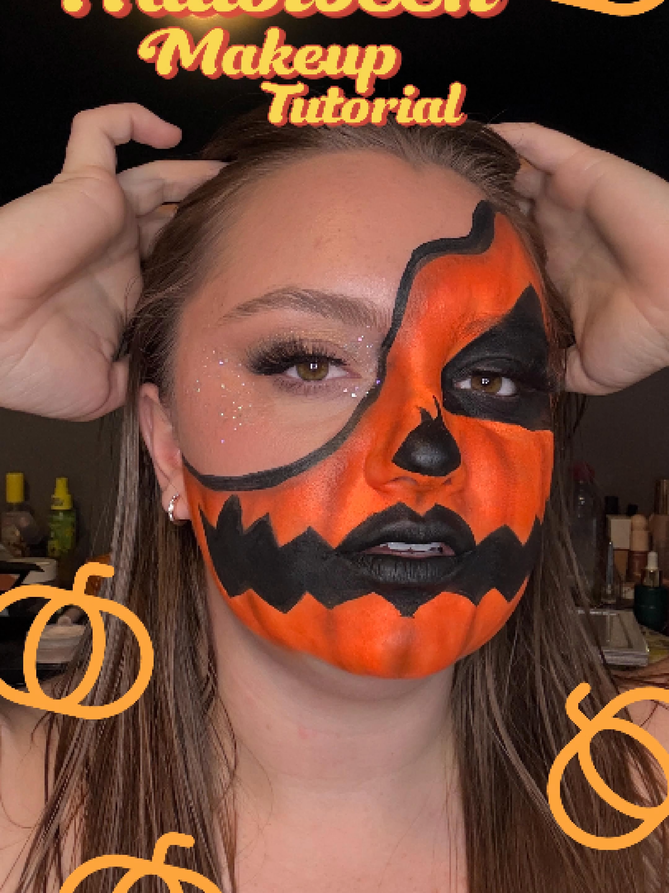 Part Pumpkin Part Glam! Here is my pumpkin queen creative makeup tutorial! Products used:  Glam: Primer:  @ultabeauty  Dewy Glaze Face Primer  Foundation:  @elfyeah  Soft Glam Satin Foundation Concealer:  @toofaced  Born This Way Ethereal Light Powder:  @wetnwildbeauty  x  @spongebob8178  Cooling Loose Setting Powder Bronzer: Too Faced Sun Bunny Blush:  @shadesbyshan  Blush Palette Highter:  @fentybeauty  Diamond Bomb Chunky Glitter:  @sweetucanbe   Eyeliner:  @tartecosmetics  Sex Kitten Lashes:  @fashionnova  Nova Beauty Luxe Faux Lashes Brows:  @benefitcosmetics  Gimme Brow Tinted Brow Gel Pumpkin: Nukolo Water Based Professional Face Water Color For Art  @morpheofficial  x  @nyane  Fierce Fairytale (orange shadows) @aboutfacebeauty Matte Lip Paint #halloweenmakeup #pumpkinqueen #pumpkinqueentutorial #pumpkinmakeuptutorial #halloweenmakeuptutorial #makeuptutorial #easyhalloweenmakeup #tutorials #spookyglam #fyp #creativemakeup #halloween2025 #spookymakeup
