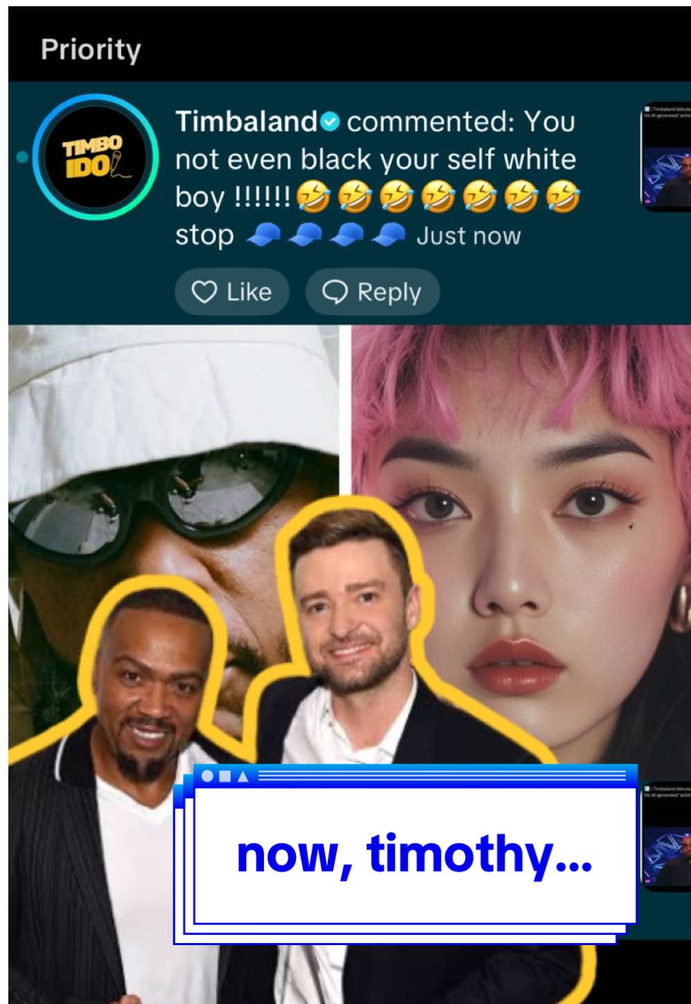 Replying to @Timbaland Stop being corny Timothy.