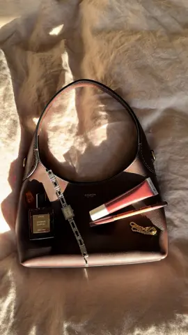 only the essentials🤎 #coachbrooklynbag #girlsessentials @Coach @ANFISA Skin @makeupforever @CYKLAR 