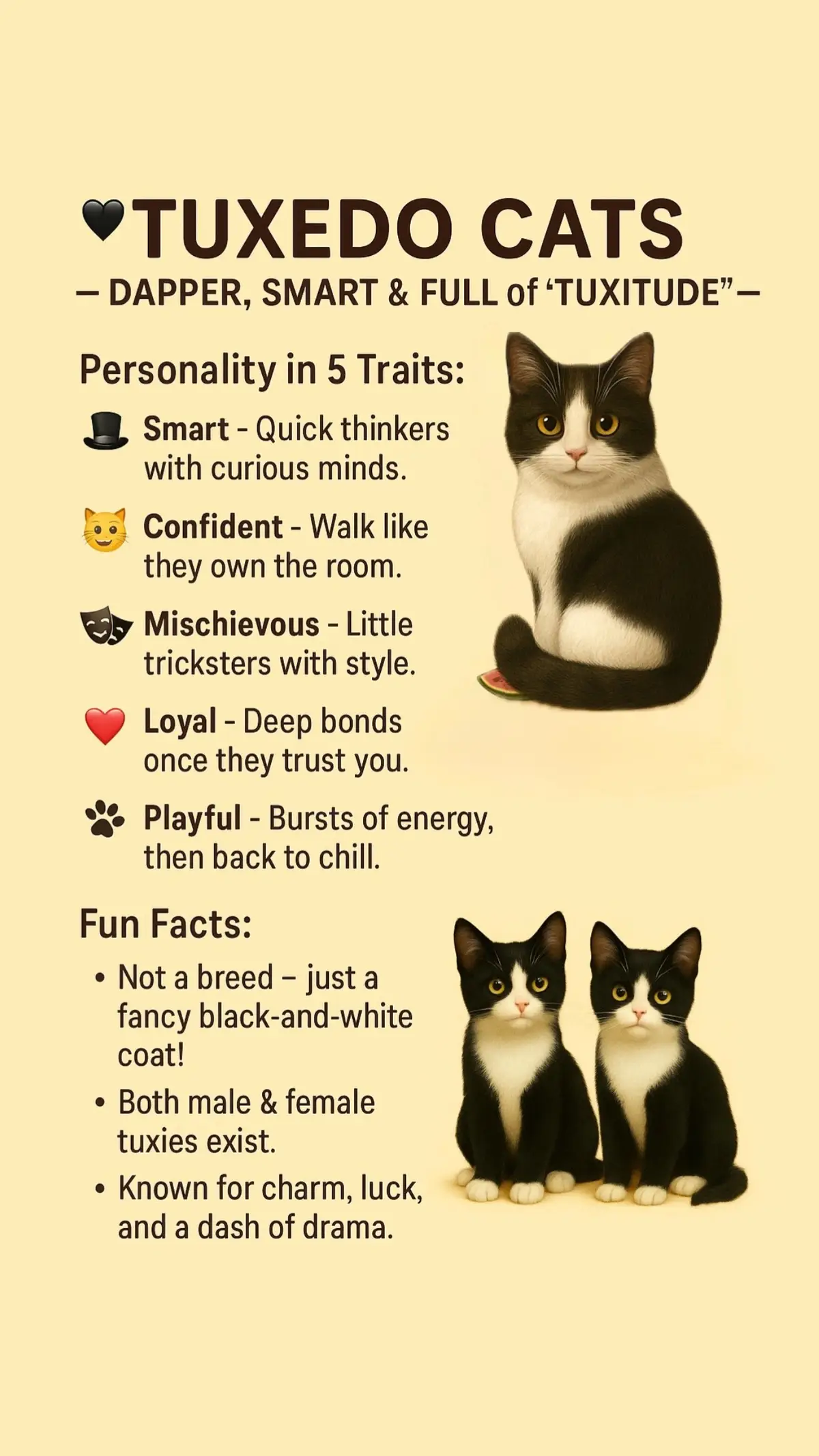 the dapper little felines who look like they’re always dressed for a black-tie event 🕴✨ Smart, confident, loyal, and just the right amount of playful — these classy kitties have tuxitude! 😸 Which trait fits your tuxie best? #CatCareTips #CatParentLife #tuxedocat #catdad #catmom 