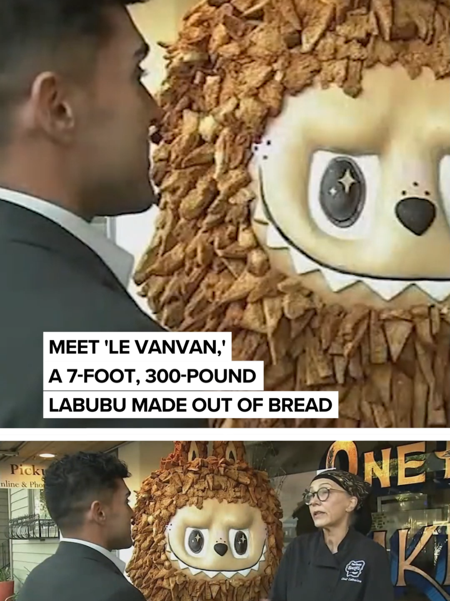 A Bay Area bakery has created a 7-foot, 300-pound Labubu made out of bread. One House bakery, which is competing in the town's Benicia Main Street Scarecrow Contest, decided to make their own version of the trending plush doll and dubbed it 