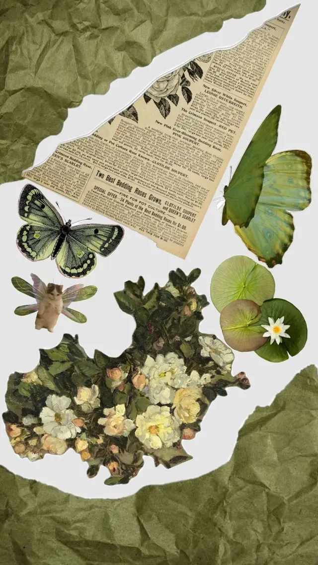Surrounded by soft greens, vintage textures, and the quiet charm of nature. Each piece in this collage carries a story — of growth, peace, and timeless beauty. Creating with these little fragments reminds me that beauty can be found in the simplest things. 🍃✨ If you love journaling, vintage art, or botanical aesthetics, this might inspire your next creation 🌿💌 #greenvintage #pinterest #journal #kolase #fyp 