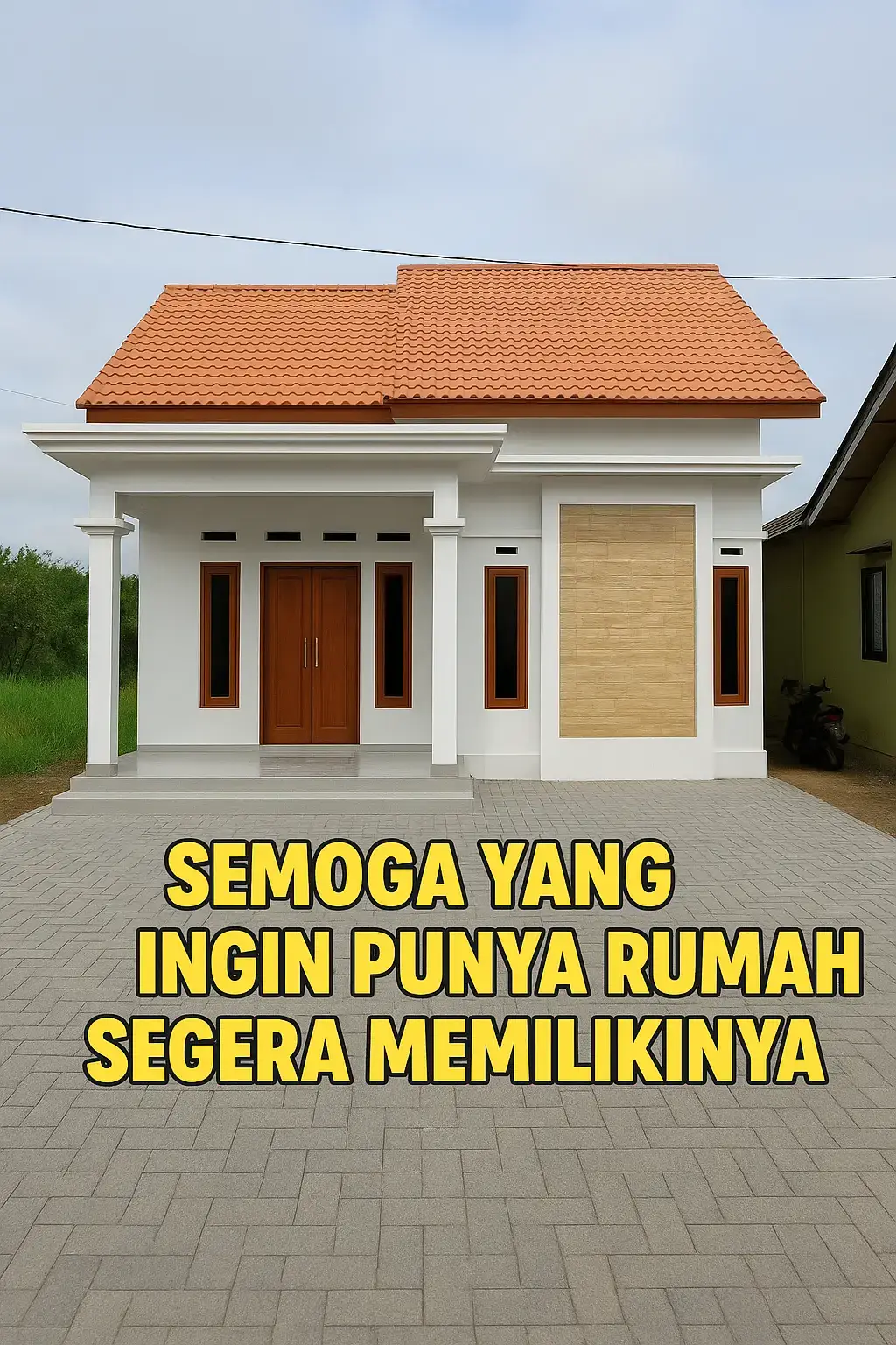 Rumah ini memiliki desain modern minimalis dengan tampilan yang bersih dan elegan. Dinding berwarna putih memberikan kesan luas dan terang, berpadu harmonis dengan atap genteng merah bata yang menambah nuansa hangat pada fasadnya. Pintu utama berbahan kayu solid menonjolkan kesan natural dan kokoh, sementara jendela-jendela tinggi di sisi kanan dan kiri memberikan pencahayaan alami yang maksimal. Bagian teras dilengkapi dua pilar kokoh dengan atap kecil yang menaungi area depan, cocok untuk menerima tamu atau bersantai. Halaman depan telah dirapikan dengan paving rapi, mempertegas tampilan rumah yang bersih dan modern. Rumah ini sangat ideal bagi keluarga kecil yang mendambakan hunian sederhana namun tetap menawan dan nyaman. #fyppppppppppppppppppppppp #rumahminimalis #fypシ゚viral🖤tiktok #fypシ 