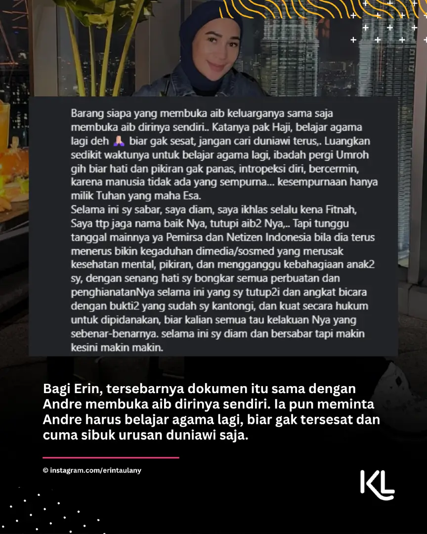 Perceraian Andre Taulany sedang ramai dibicarakan. Setelah beberapa kali permohonan cerainya ditolak, Andre tetap bersikukuh untuk menceraikan Erin Taulany. . Kini sosok Erin juga jadi buah bibir bahkan dapat hujatan, setelah isi berkas alasan Andre meminta cerai viral di media sosial. Jumat malam (17/10/2025), Erin buka suara di akun Instagram dan menuliskan curahan hatinya di caption. . Simak terus update berita tentang dunia entertainment, kalau bukan sekarang, KapanLagi? #kapanlagi #selebriti #klkpt #kapanlagiwhatshot #kapanlagihariini