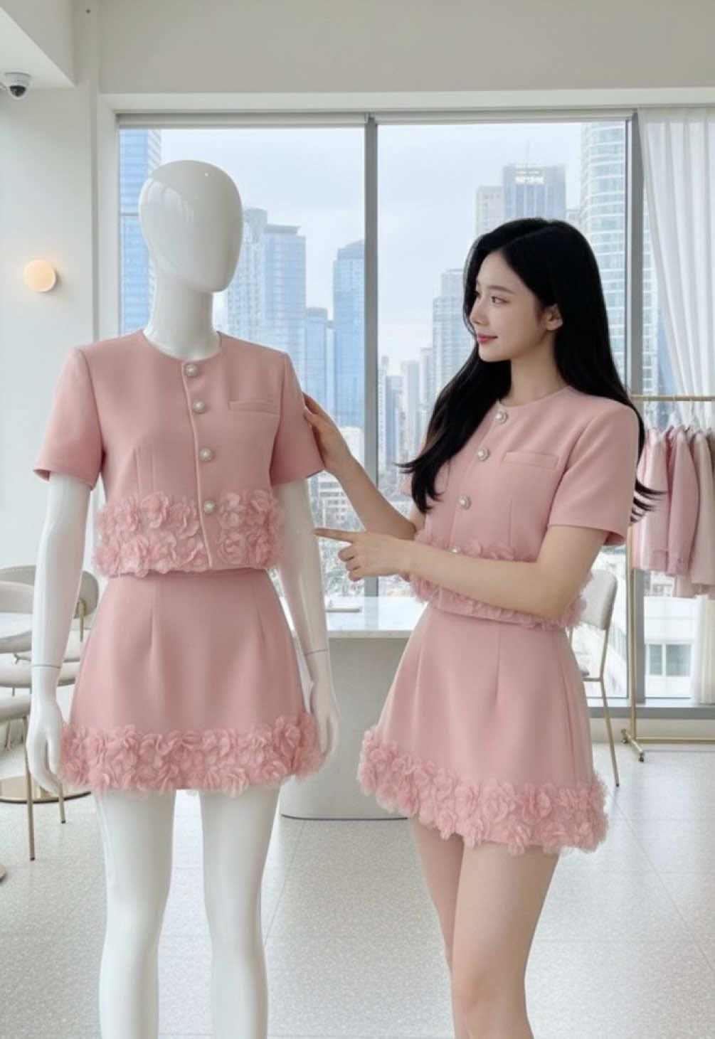 🌸 New Arrival! Set váy hồng pastel hoa nổi – kiểu dáng thanh lịch, chất vải mềm mịn và cực tôn dáng. Diện đi cà phê, hẹn hò hay chụp lookbook đều xinh hết nấc 💕#outfitxinh #lookbook #affiliatetiktok #setquanaonu #damdutiec 