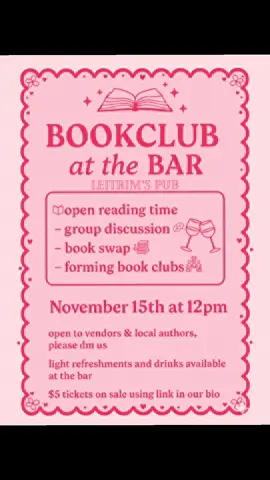 📚✨ Bookclub at the Bar is happening at Leitrims Pub on November 15th at 12PM! Join us for a cozy afternoon surrounded by books, good vibes, and even better company 💕 Follow @ BookclubAtTheBar on insta for more info 🤭  @Baby key #BookTok #bookclub #bookclubatthebar #worcester #bookevent