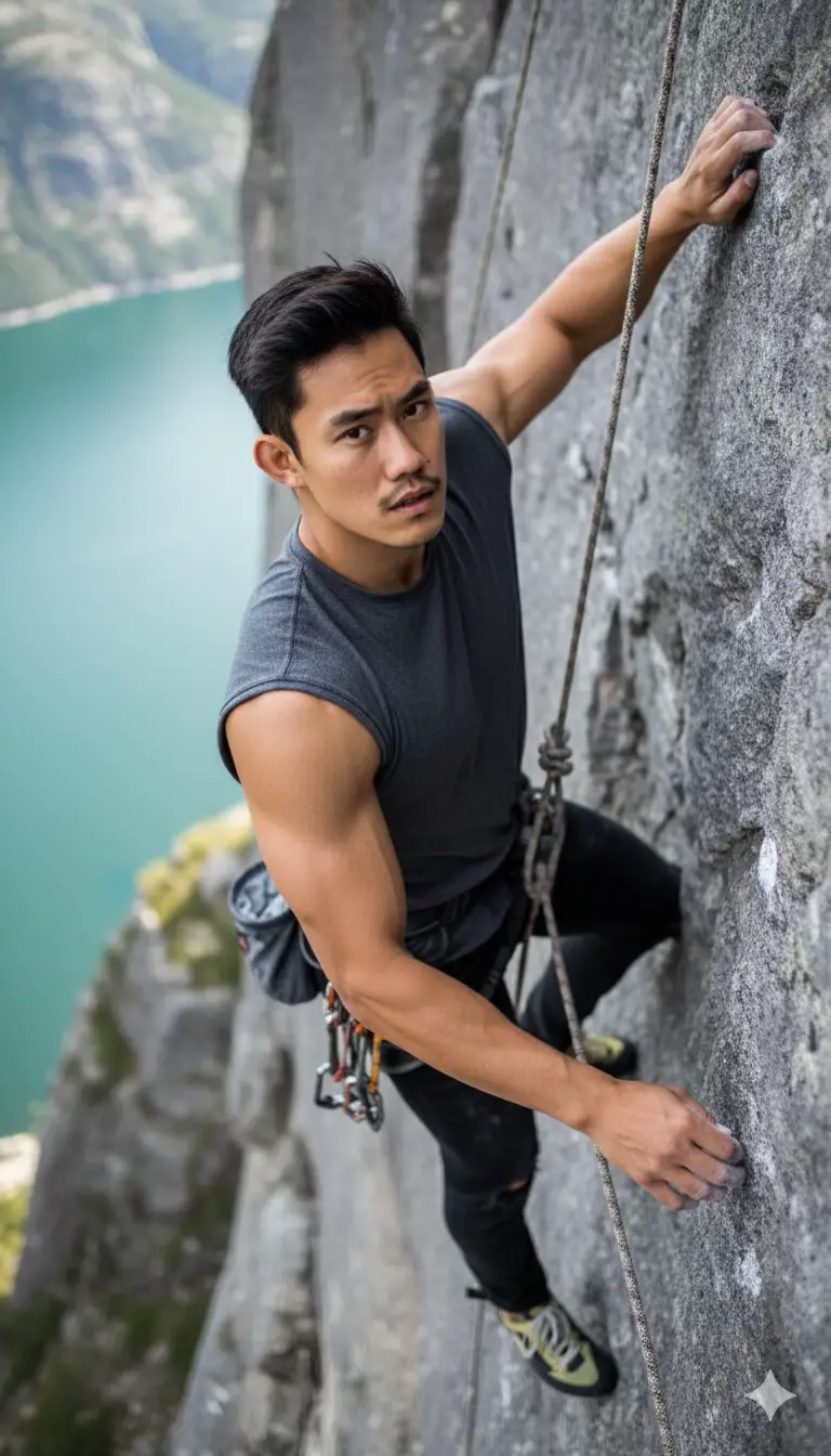 PROMPT Ultra-realistic 8k natural documentary photo, super close-up shot, taken with a professional DSLR. A fit man (use attached photo for 100% accurate face likeness and hair) is climbing the cliff of pulpit Rock (Preikestolen), Stavanger FJord, Norway. He wears a simple sleeveless fitted t-shirt that shows his tense arm and back muscles, veins and sweat visible under natural daylight. His expression is gocused and determined. Equipped with real climbing gear-harness, rope, chalk bag, and professional climbing shoes. #GeminiAI #PromptAI #fyp #geminiprompt #aitrending