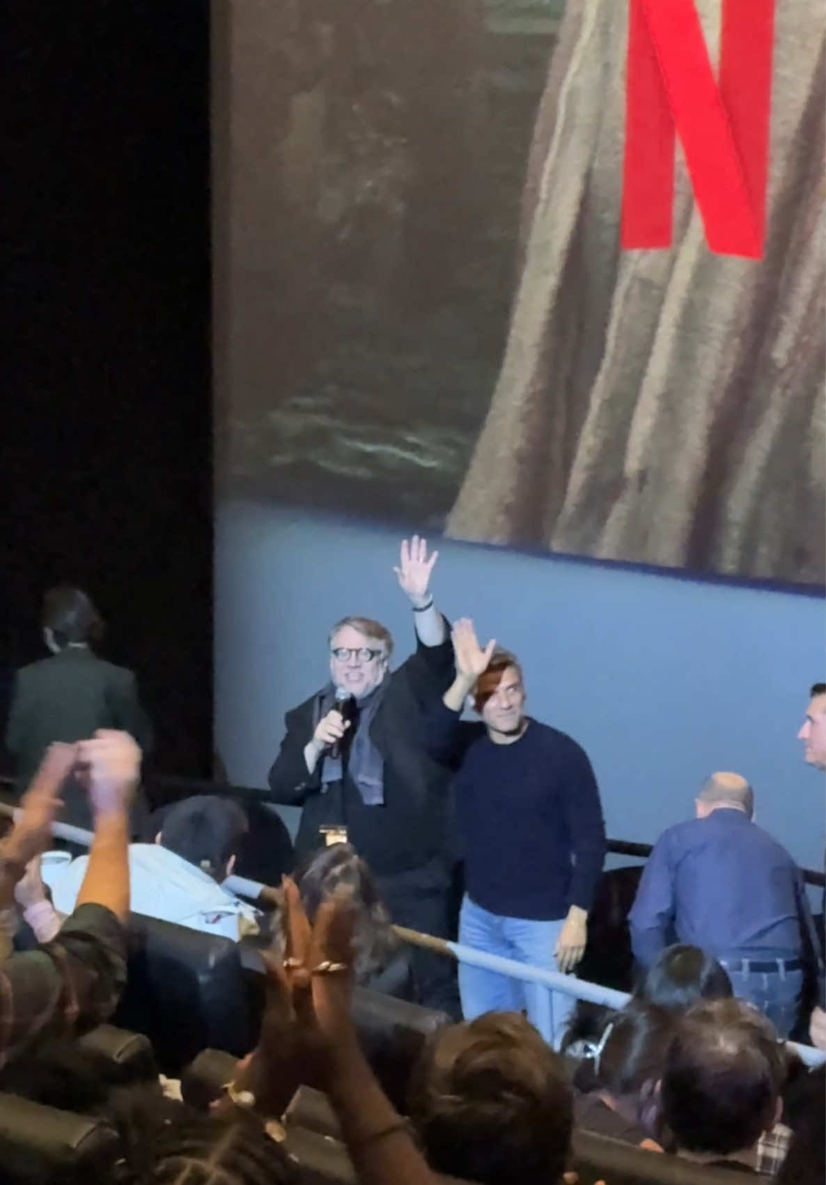 “F*** AI” #GuillermodelToro says goodnight after tonight’s screening of ‘Frankenstein’ in #NYC—and a Q&A with moderator #CelineSong and star of the film #OscarIsaac