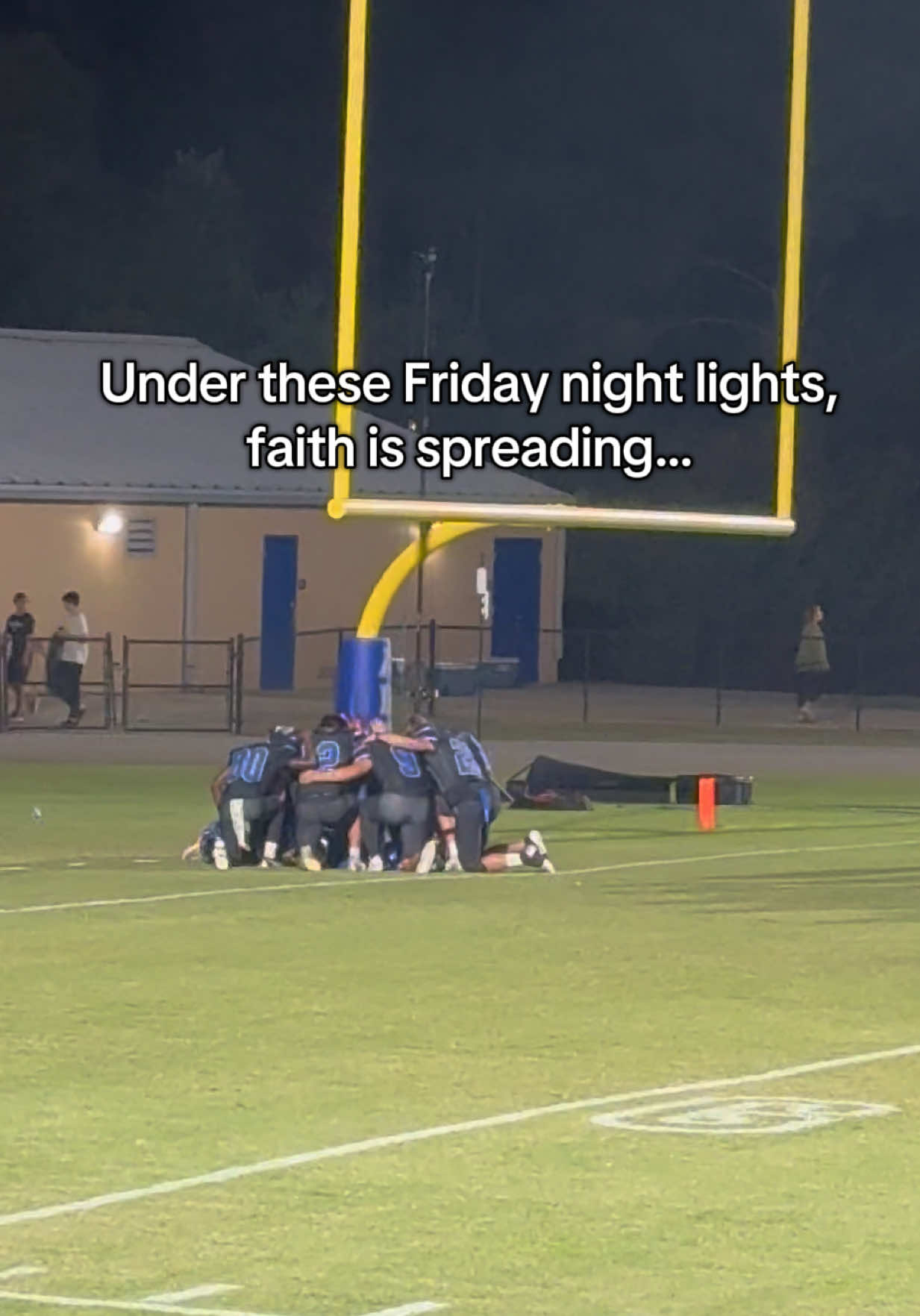 It started with one player at the goal post praying… One quiet moment of faith… Tonight…eight hearts knelt together in prayer.. #prayingatthefieldgoal #godisgood #highschoolfootball #footballplayer #fridaynightlights 