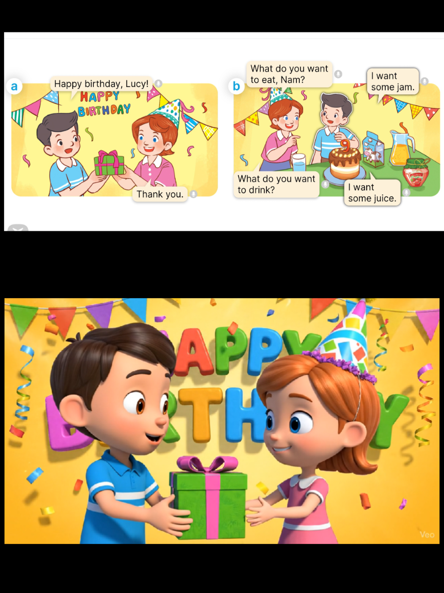 Chuyển ảnh từ SGK sang phim  hoạt hình 3D sinh động; Tiếng Anh lớp 4 (Global success); Unit 4: My biryhday pary - Lesson 2, Activity 1 (trang 30)