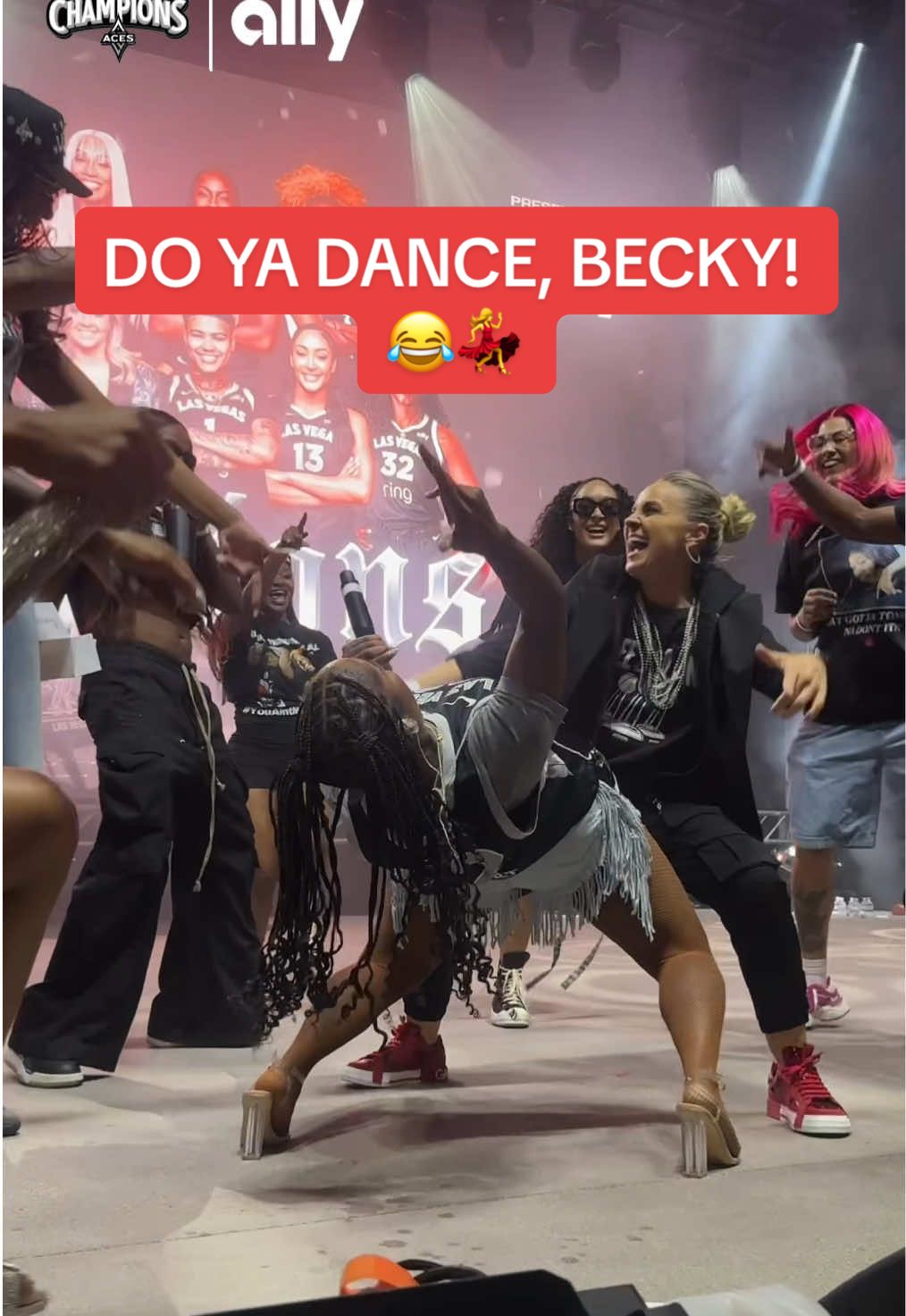 No music but just know that Becky’s pullin’ out all the dance moves for Crime Mob 💃😂 2025 Aces Championship Celebration presented by Ally #ALLINLV #WNBA #LVAces