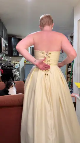 Replying to @Debs the Wyld Hunt Fae is tomorrow night, and here’s the progress I’ve made DIY-ing my thrifted gown.  I cut off the zipper, sewed a boning channel, stole some (steel!) boning from another thrifted corset, then (after some casualties) installed grommets, and a ribbon closure.  I think that with the structure of the boning, and the added petticoats, I won’t need to line the corset closure.  #DIY #sewing #corset 