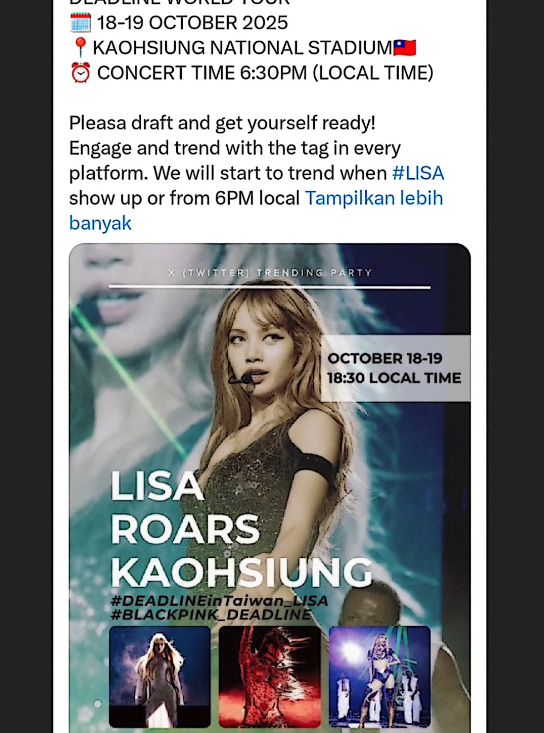 Lilies siapkan draft kalian, bantu ramaikan ht kita di twitter! Konser jam 18.30 wib  #lisa #lalisa #deadlineworldtour #blackpink #foryoupage 
