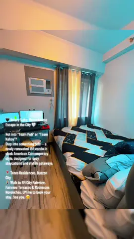 AViary Suite ☀️Not into “Team Puti” or “Team Kahoy” vibes? Why not try our newly renovated Monochromatic Theme with American Contemporary style condominium☀️ 🏡 Fully Furnished 1BR Condo for Rent 🌆 📍 Trees Residences, Quirino Highway, Brgy. Pasong Putik, Novaliches, Quezon City - Tower 9 Unit 320 🚶 Walking Distance to SM City Fairview, Fairview Terraces, Robinsons Novaliches. 🌟 Ideal for Couples, Families & Friends (2-4 Guests!) 📅 Rates & Stay Options: ✅ Daily & Weekly Stays Available (Discounts for Longer Stays!) 💰 Staycation Rates: 🛏 ₱1,799– Weekdays 🛏 ₱1,999– Weekend ➕ ₱200/night additional for extra pax.  ⏰ Stay Longer! 22-hour stay: Check-in 2:00 PM | Check-out 12:00 PM 💦 Pool Access: 🕕 6 AM - 10 PM | ₱150/head (Regular) | ₱300/head (Holiday) ⚠️ Closed on Mondays | Proper swimming attire required 🚗 Need Parking? Let us know in advance to secure your slot! ✨ Property Amenities: ✔️ Lounge & Splash Pools 🏊‍♂️ ✔️ Air-Conditioned Lobby ❄️ ✔️ Kids Playground 🛝 ✔️ Sunken Garden 🌿 ✔️ 24/7 Security 🔒 ✔️ Basketball Court 🏀 ✔️ Jogging Path 🏃‍♂️ ✔️ Function Rooms 🎉 🏠 Unit Features & Inclusions: 🔑 Smart Lock Access 📺 55-inch Smart TV with Netflix & YouTube with Backlight effect for Cinematic experience 📶 100 Mbps High-Speed Internet 🌬 Fully Air-Conditioned 🛏 1 Queen size Bed with extra matress 🍽 Complete Kitchen & Dining Set 🛁 Shower Heater & Bidet 🎲 Board & Card Games for Fun Nights! 💻 Working Desk for Remote Work 🧺 Front Load Washing Machine (for long-term stays) 🎯 with Dart Board 🏀 with Basket Ball Ring 🔥 with cool Fire Place 🚫 House Rules: ❌ No Smoking/Vaping (₱1K Penalty) 🐶 No Pets Allowed 🫧 Clean as You Go 🔒 Booking Policy: ✅ ₱500.00 Security Deposit (Required  reservation, non-refundable for cancellations/no-shows, no rescheduling) 💰 Balance due upon check-in 💵 ₱500.00 Security Deposit is refunded upon checkout if no damages/losses 📩 DM us now to book your perfect stay! 💕