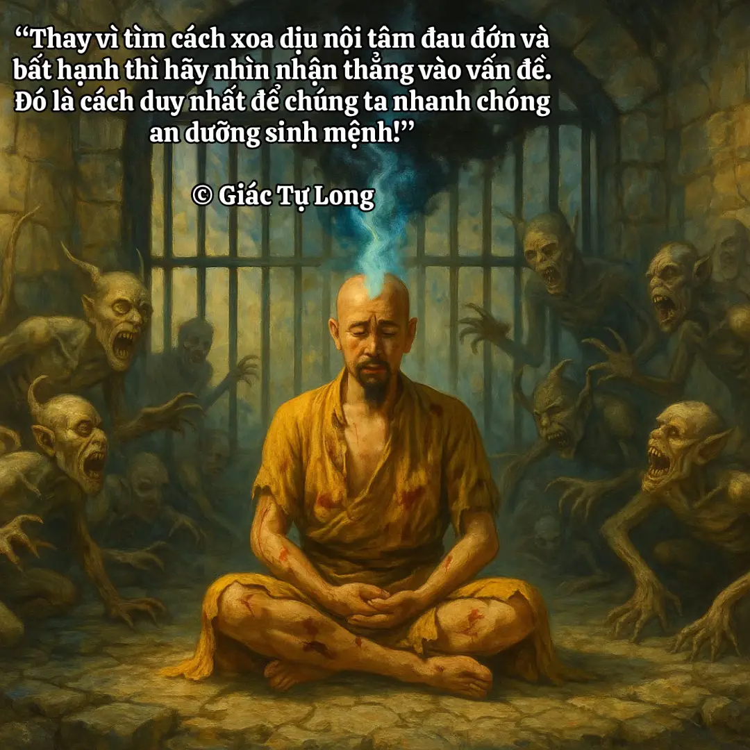 “Thay vì tìm cách xoa dịu nội tâm đau đớn và bất hạnh thì hãy nhìn nhận thẳng vào vấn đề. Đó là cách duy nhất để chúng ta nhanh chóng an dưỡng sinh mệnh!” © Giác Tự Long