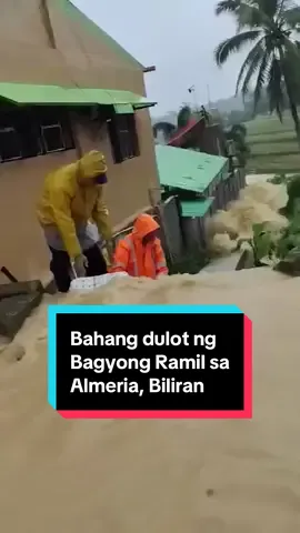 KULAY-PUTIK NA BAHA Binaha ang ilang bahagi ng Brgy. Sampao sa Almeria, Biliran ngayong Sabado, Oct. 18, dahil sa walang-tigil na pag-ulang dala ng Bagyong #RamilPH. Kasunod nito, inabisuhan na ang mga residente na lumikas. | via April Cuesta