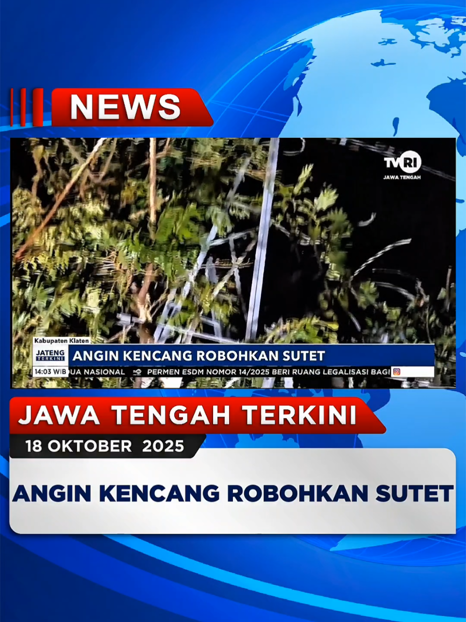 Angin Kencang Robohkan Sutet #jatengterkini 18 Oktober 2025 Hujan deras sertai angin kencang di Kabupaten Klaten menyebabkan dua tower sutet roboh, hingga beberapa rumah rusak bagian atap akibat tertimpa kabel sutet. Angin kencang juga menyebabkan sejumlah rumah rusak di sembilan kecamatan di Kabupaten Klaten. #klaten #anginkencang #beritatvrijateng #tvrijawatengah 