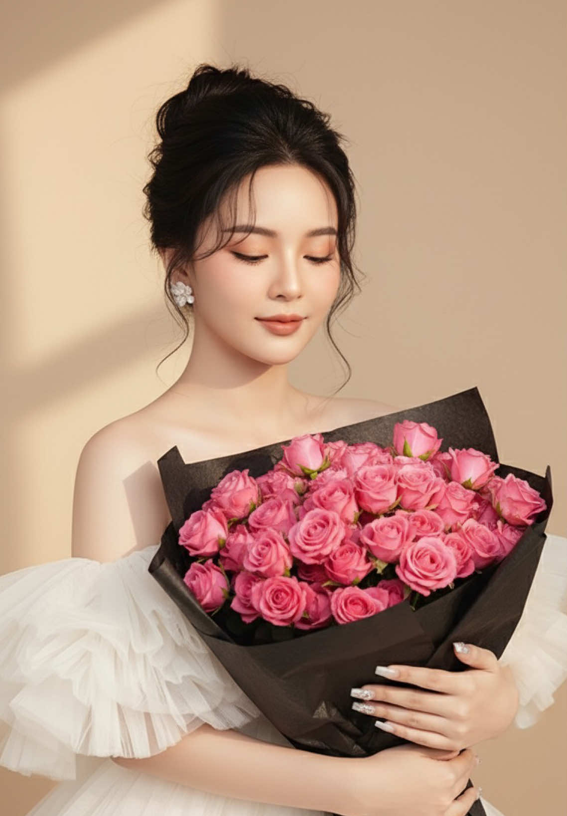 Một chút hoa cho ngày 20/10 của chị em chúng mình 🌸 #gemini PROMPT👇👇  Bước 1: Mở app/web Gemini📲  Bước 2: Tải lên ảnh cá nhân rõ nét   Bước 3: Nhập câu lệnh tạo ảnh👇👇👇  A cinematic studio portrait of an elegant and radiant East Asian young woman, captured under soft golden sunlight. Her long, wavy black hair is styled in a loose bun with natural strands framing her face. The hair at the roots is naturally volumized, not pressed flat against the scalp. Many delicate strands fall gently around her forehead and cheeks, creating a soft and naturally voluminous look. She wears white floral earrings as a delicate accent. Her long fingernails are adorned with rhinestones. Her expression is serene, smiling with her eyes gently closed. In her hands is a huge bouquet of hot pink spray rose flowers wrapped in black-colored paper, in a minimalist and modern style. Her face is directed straight towards the lens. Posed in a natural, graceful sitting position. She is wearing an off-the-shoulder, flared, flowing ivory white tulle dress with intricate, luxurious ruffled and voluminous fabric details around the chest and shoulders, resembling soft clouds or flowers. The backdrop is a warm beige wall, gently illuminated by natural sunlight, creating subtle shadows and depth. The overall color tone is warm, pastel, creamy, romantic, and feminine — professional high-end studio photography with cinematic lighting. Style keywords: Vogue editorial, artistic portrait, soft bokeh, high-end makeup, delicate textures, realistic skin details, professional studio lighting setup, Leica SL2 with APO-Summicron-SL 90mm T/2 lens, f/2, ISO 100, 1/250s, 8K ultra HD, photorealistic perfection, pastel palette, golden-bronze tones. Color tones: dusty pink, creamy white, warm golden highlights, soft peach shadows. Composition: close-up shot, eye-level perspective, shallow depth of field focused on the face and flowers, blurred cinematic background. - TẠO ẢNH GEMINI - #aiprompt #xuhuong #promptgemini #CapCut