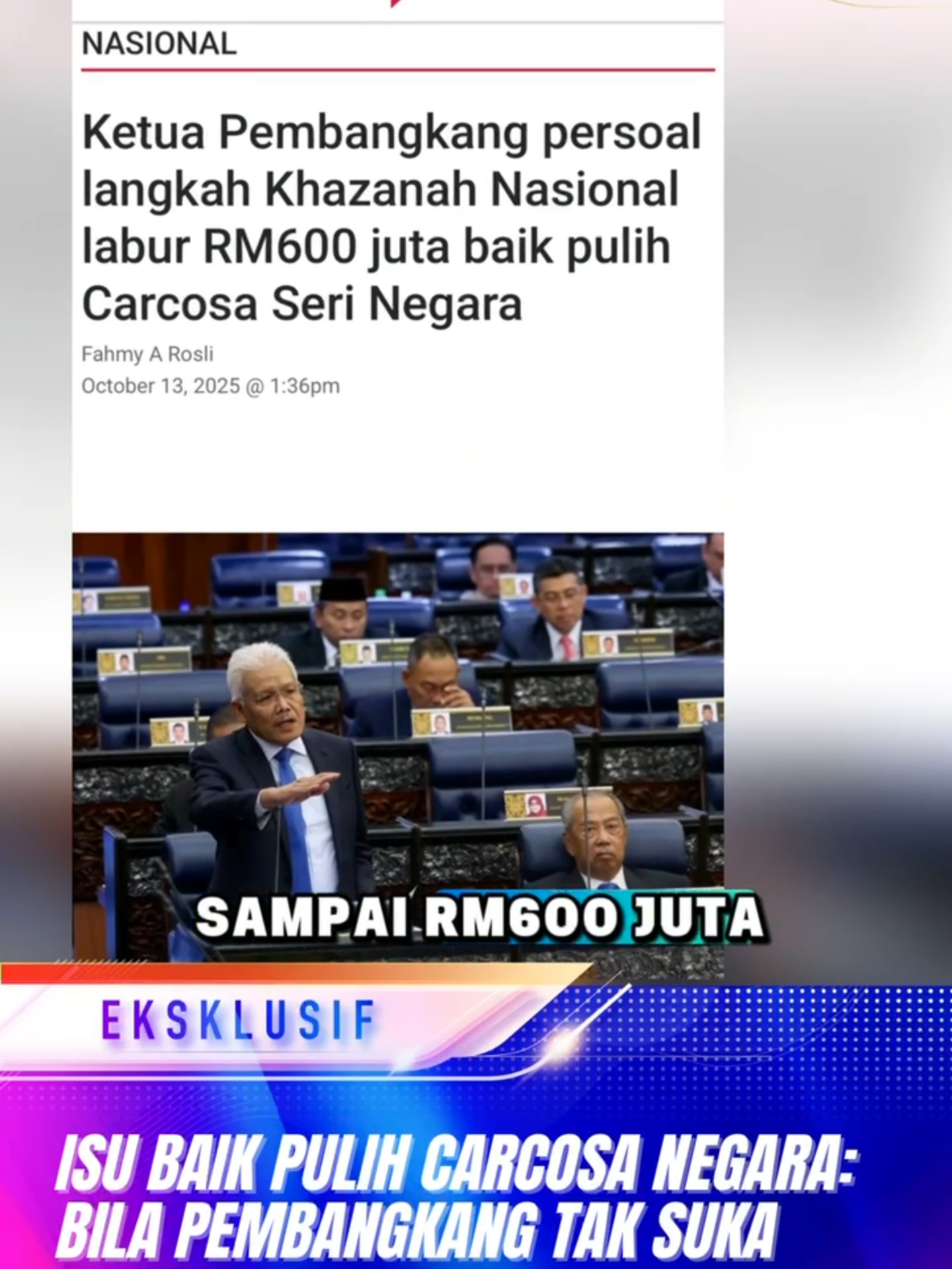 Pembangkang dan sikap malas untuk membaca memang tak dapat dinafikan. Membangkang kos baik pulih Carcosa Negara sebab katanya terlalu mahal untuk satu bangunan bersejarah, sedangkan PMX dah jelaskan ia bukan babitkan satu bangunan saja tapi merangkumi 6 lagi bangunan blok Bangunan Abdul Samad. Malah, ia menjanjikan pulangan sehinggan RM7.85 bilion. Jom kita dengarkan sendiri: Kredit poster: Mr Nazril & Malaysia Bangkit #carcosanegara #baikpulih #kos #khazanahnasional #khazanah #investment #serinegara #warisankl #bandarwarisan #belanjawan2026 #pmx #perdanamenteri #anwaribrahim #kerajaanmadani #kerajaanperpaduan #politik #trending #panas #terkini #semasa #malaysiatrending #tiktok #foryoupage #fyp #wadahdaily #berani #telus #informatif