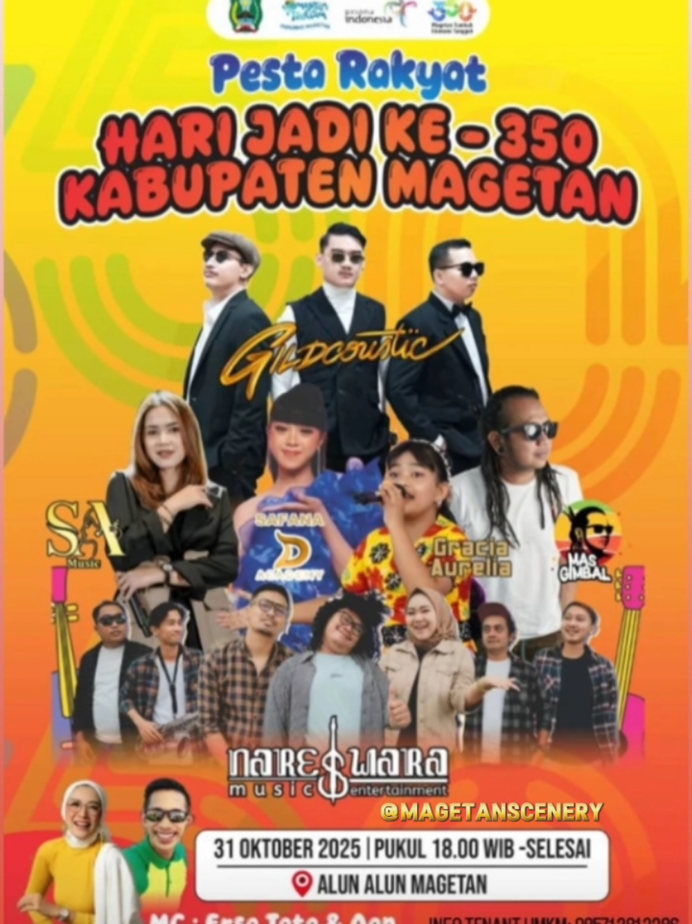 Hallo halo Warga Magetan & Sekitarnya Buat Kamu Yang Suka Konser nahh Dalam Rangka Pesta Rakyat Hari Jadi Kabupaten Magetan yang ke- 350 Pemkab Magetan Bakal Ngundang @gilgasahidh @gildcoustic , @da7_safana  Dan Masih Banyak lagi Artis Lainnya Untuk Manggung Dan Joget Ambyar Di Alun Alun Kota Magetan🔥 Jangan Lupa Datang & Saksikan Kemeriahan Nya Ya Ajak & Tag Teman, besti, atau Pasangan Kalian Untuk Nonton Bareng😍✨ Disave/diposting ulang dulu video nya biar nggk ilang😁 Geraaaaaaatiiiiiiissss....... 🔥🔥 #magetanscenery #masukberanda #fypシ #gilgasahid  #magetan 